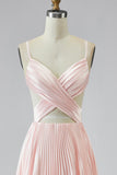 A Line Pink Pleated V Neck Prom Dress with Slit