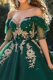 Dark Green Princess Tulle Off the Shoulder Quinceanera Dress with Appliques