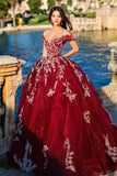 Burgundy Ball Gown Off the Shoulder Tulle Quinceanera Dress with Appliques