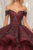 Sparkly Burgundy Ball Gown Off the Shoulder Ruffles Tulle Quinceanera Dress with Sequined Appliques