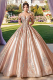 Champagne Off the Shoulder Satin Applique Ball Gown Long Quinceanera Dress