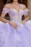 Lilac Off the Shoulder Tulle Tiered Princess Applique Quinceanera Dress