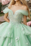 Princess Mint Ball Gown Off the Shoulder Ruffles Tulle Quinceanera Dress with Lace Appliques