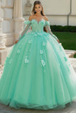 Mint Sweetheart Floral Tulle Quinceanera Dress With Long Sleeves