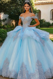 Sky Blue Princess Off the Shoulder Tulle Quinceanera Dress with Appliques