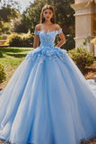 Sparkly Sky Blue Ball Gown Off the Shoulder Sequined 3D Flowers Tulle Quinceanera Dress