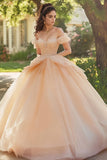 Champagne Off The Shoulder Tulle Lace Appliqued Quinceanera Dress