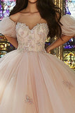 Pink Off The Shoulder Ball Gown Appliqued Tulle Quinceanera Dress