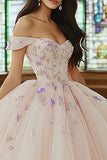 Pink Ball Gown Off The Shoulder Tulle Appliqued Quinceanera Dress