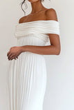 A Line Off the Shoulder White Cotton Pleated Graduation Dress