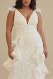 White A-Line Ruffled V-Neck Plus Size White Dress with Lace