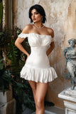 Sheath Off the Shoulder Ruffled Satin Pleating Little White Graduation Dress