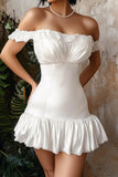 Sheath Off the Shoulder Ruffled Satin Pleating Little White Graduation Dress