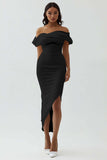 Off the Shoulder White Sheath Matte Satin Asymmetrical Graduation Dress