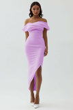 Off the Shoulder White Sheath Matte Satin Asymmetrical Graduation Dress