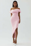 Off the Shoulder White Sheath Matte Satin Asymmetrical Graduation Dress