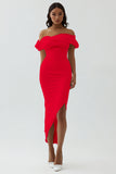 Off the Shoulder White Sheath Matte Satin Asymmetrical Graduation Dress