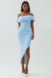 Off the Shoulder White Sheath Matte Satin Asymmetrical Graduation Dress