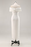 Off the Shoulder White Sheath Matte Satin Asymmetrical Graduation Dress