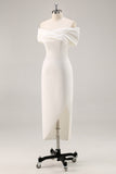 Off the Shoulder White Sheath Matte Satin Asymmetrical Graduation Dress