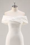 Off the Shoulder White Sheath Matte Satin Asymmetrical Graduation Dress