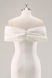 Off the Shoulder White Sheath Matte Satin Asymmetrical Graduation Dress