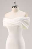 Off the Shoulder White Sheath Matte Satin Asymmetrical Graduation Dress