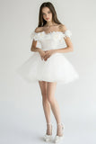 White A Line Tulle Off the Shoulder Short Graduation Dress with Appliques