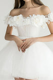 White A Line Tulle Off the Shoulder Short Graduation Dress with Appliques