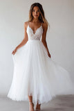 Lace White Tulle A Line Tea Length Graduation Dress