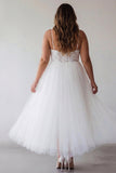 White A Line Spaghetti Straps Plus Size Tulle Engagement Dress with Lace