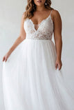 White A Line Spaghetti Straps Plus Size Tulle Engagement Dress with Lace