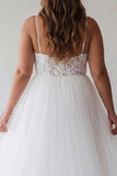White A Line Spaghetti Straps Plus Size Tulle Engagement Dress with Lace