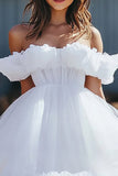 Flirty White Off the Shoulder Ruffled A Line Tulle Short Graduation Dress