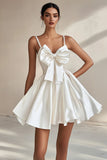 A Line White Spaghetti Straps Graduation Dress With Bows