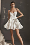 White Spaghetti Straps Satin Graduation Dress With Bows