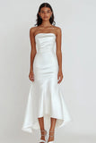 White Strapless Sheath Satin Ruffled Graduation Dress