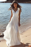 A Line V-Neck Sleeveless White Graduation Dress