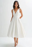 White Sleeveless A Line Matte Satin Long Graduation Dress