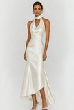 Sleeveless Halter Sheath White Long Graduation Dress