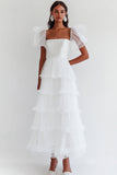 A Line White Ruffles Half Sleeves Square Neck Long Graduation Dress