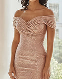 Sparkly Off the Shoulder Champagne Mother Of The Bride Dress