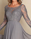 Silver A Line Long Sleeves Lace Mother Of The Bride Dress