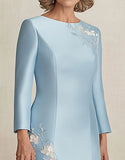 Satin Sky Blue Column Mother Of Bride Dress with Lace