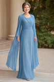 Black Tie Dusty Blue A-Line Scoop Chiffon Long Mother of the Bride Dress with Long Sleeves