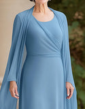 Black Tie Dusty Blue A-Line Scoop Chiffon Long Mother of the Bride Dress with Long Sleeves