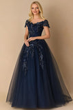 Black Tie Navy A-Line V-neck Tulle Long Mother of the Bride Dress with Short Sleeves