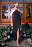 Black Mermaid Off the Shoulder Long Sleeves Ruched Long Formal Dress with Slit