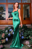 Dark Green Mermaid Spaghetti Straps Satin Long Formal Dress