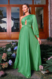 Green A-Line One Shoulder Long Sleeve Pleating Long Formal Dress